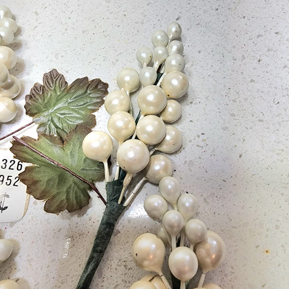 Vintage Artificial Pearl Berry Cluster Stems 5 Pieces